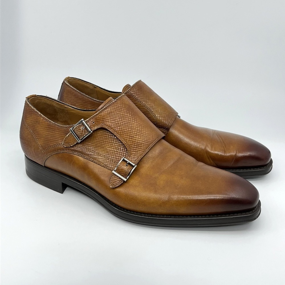 Magnanni Dress Shoes Men 9.5 Brown Leather Double Monk Strap Burnished Toe